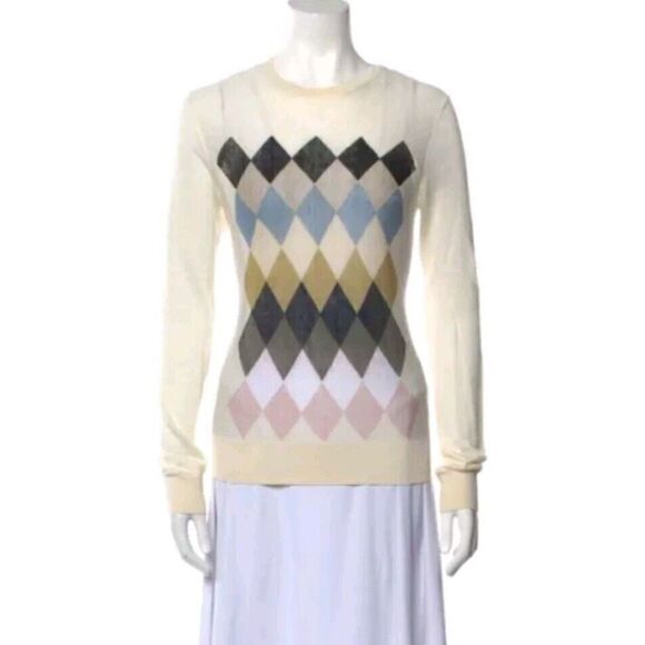 Theory Argyle Intarsia Sweater Ivory Linen-Blend Size Medium Crewneck Pullover - Picture 1 of 7